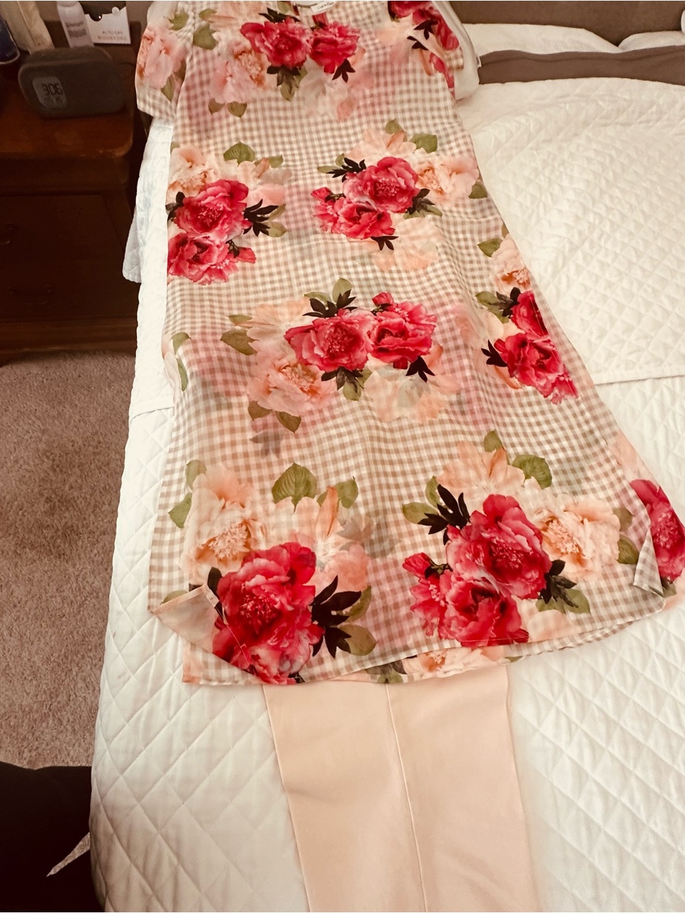 Calvin Klein Taupe Sheer Gingham Tunic with Floral Print + Blush Crop Pants=SET - Picture 1 of 9